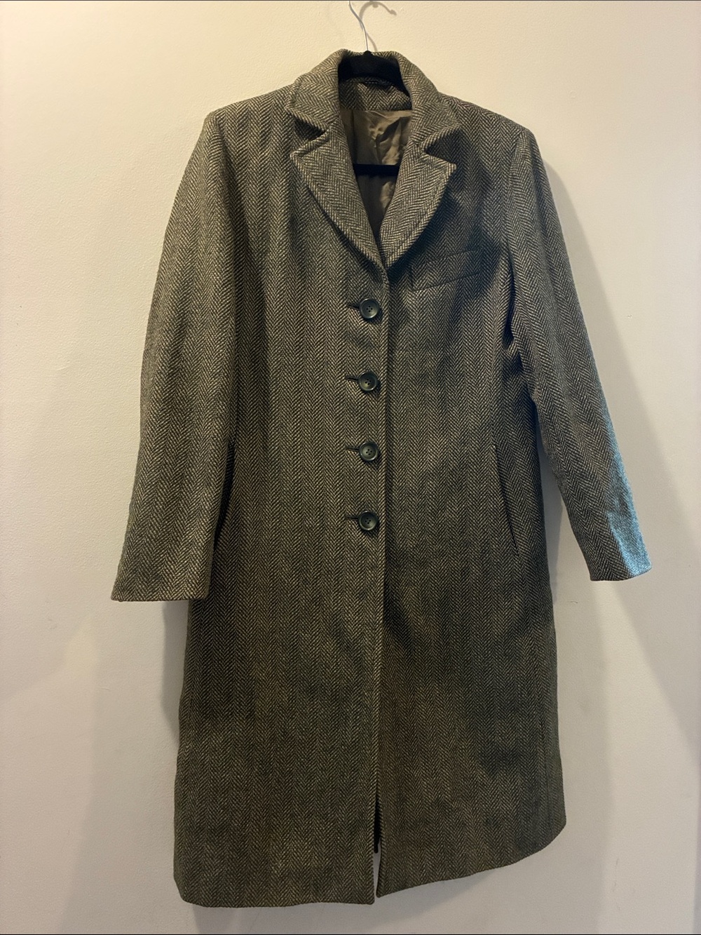 Cinzia Rocca Womens Herringbone Long Coat - Olive Brown- size 10 - baby alpaca